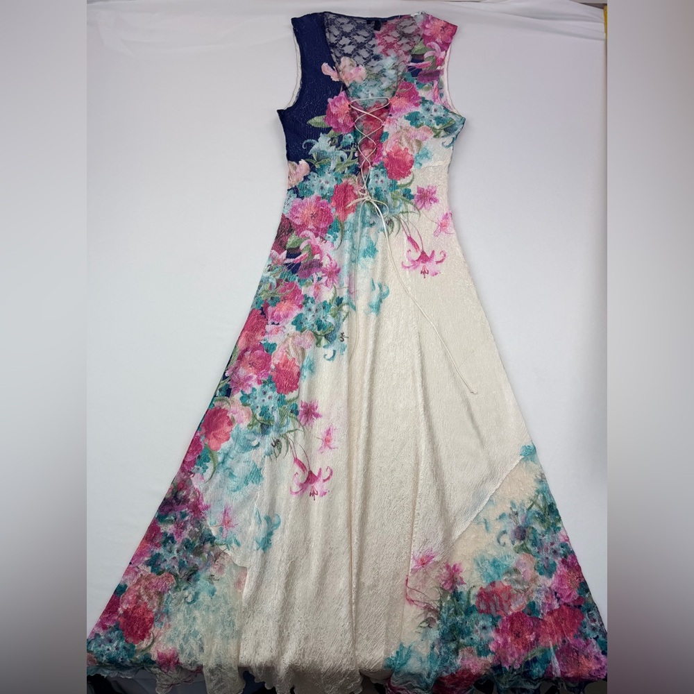 Komarov Floral Lace Maxi Dress Crinkle Satin Corset Back Cottagecore Romantic SM - Picture 10 of 15
